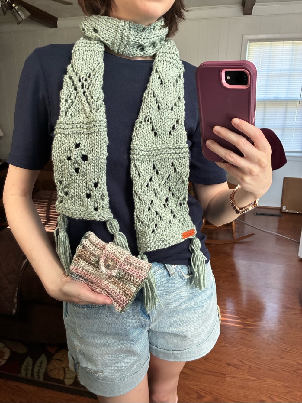 Hand-Knit Sage Green Scarf with Tassels & pastels pouch
